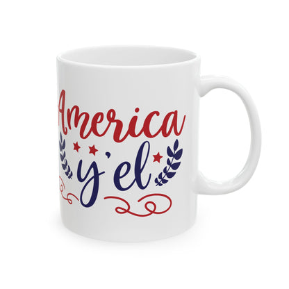 America Y'el Ceramic Mug — Patriotic Red & Blue Script Coffee Cup 11oz   Item #889411