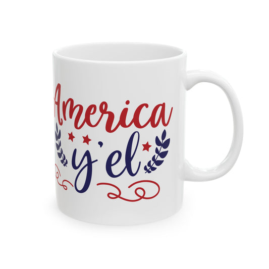 America Y'el Ceramic Mug — Patriotic Red & Blue Script Coffee Cup 11oz   Item #889411