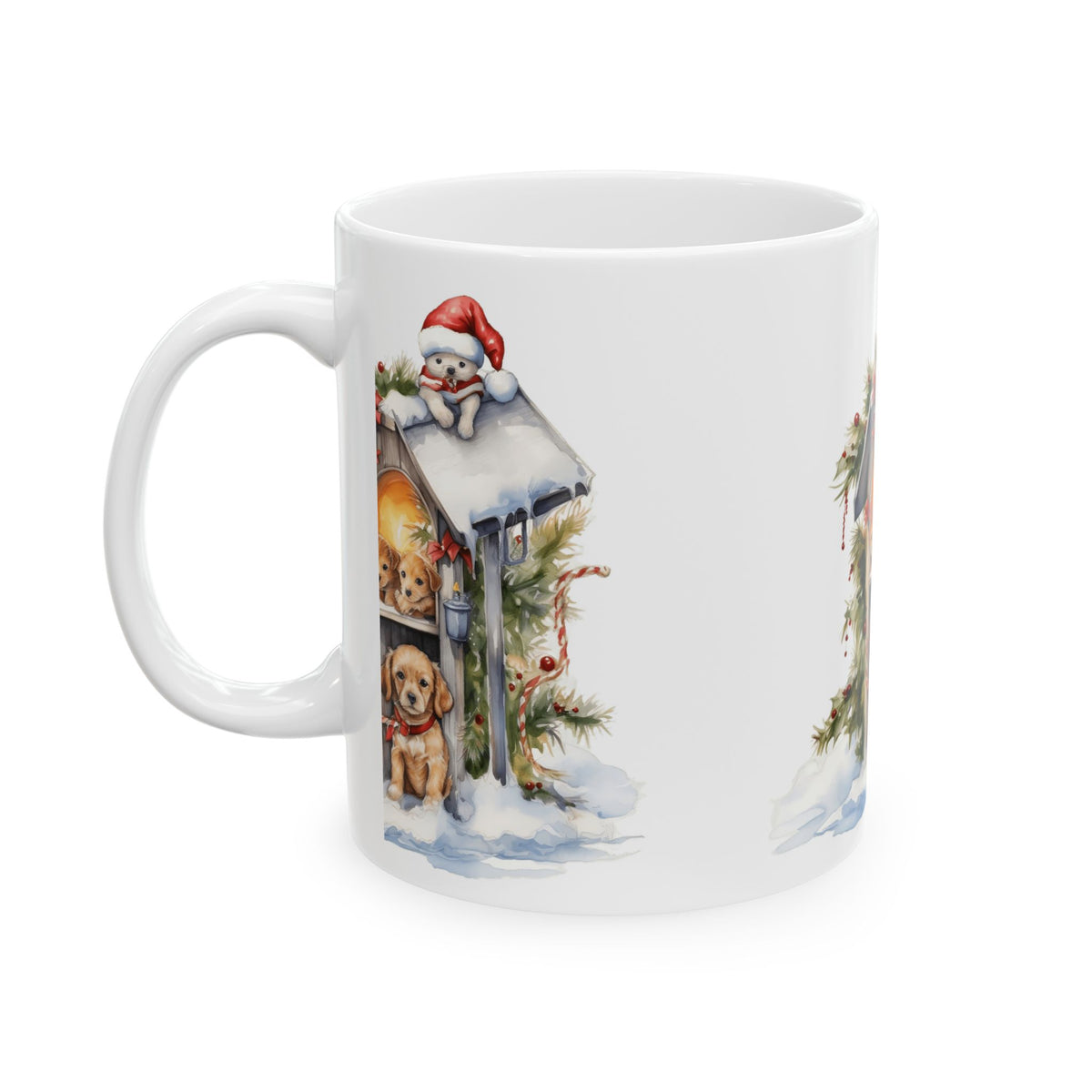 Christmas Puppy Mug — Festive Dogs in Snowy Mailbox Ceramic Coffee Cup 11oz   Item #913616