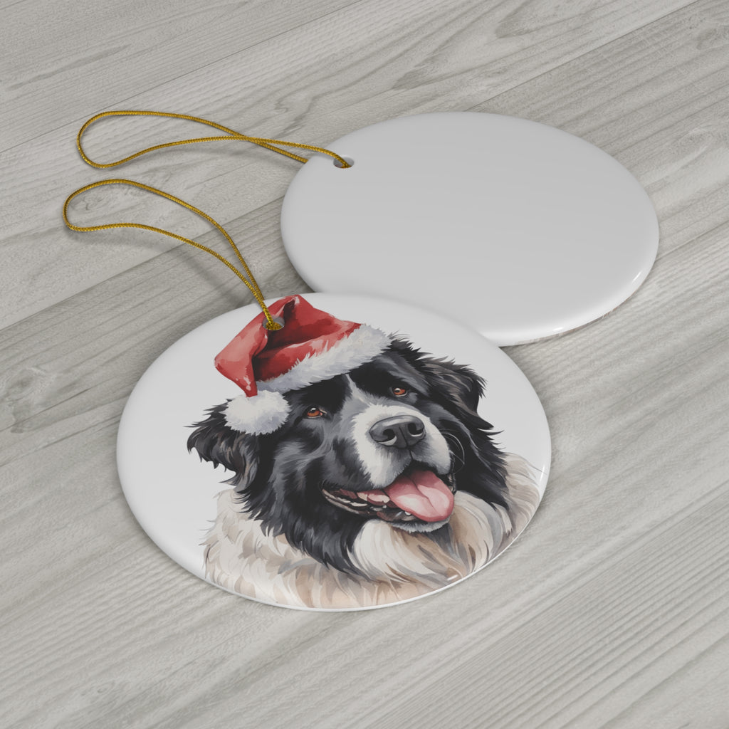 Newfoundland Dog With Santa Hat Ceramic Disc Ornament        Item #1759503