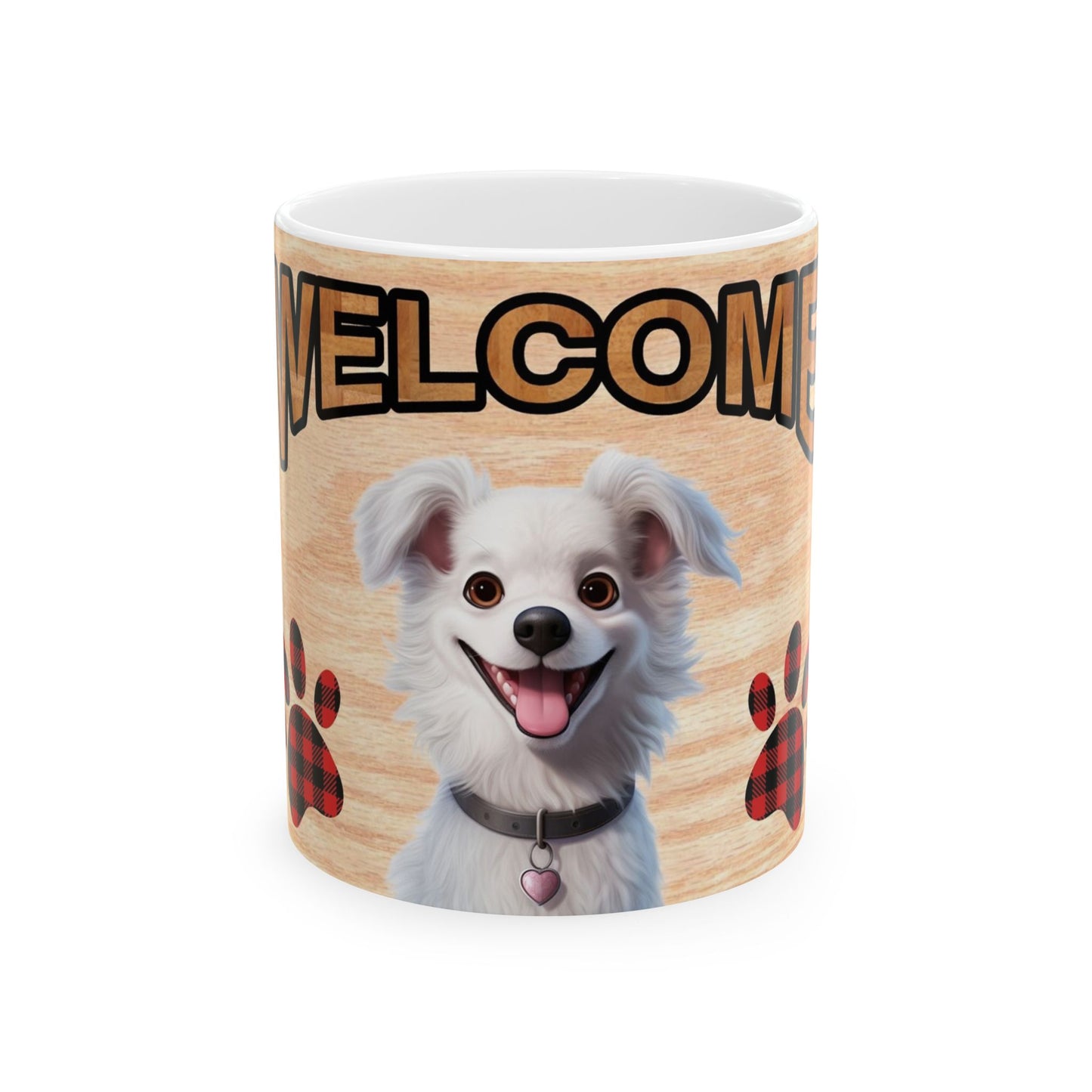 Welcome Dog Illustration Ceramic Mug – Cute Paw Print Coffee Cup 11oz    Item #777651