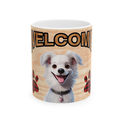 Welcome Dog Illustration Ceramic Mug – Cute Paw Print Coffee Cup 11oz    Item #777651