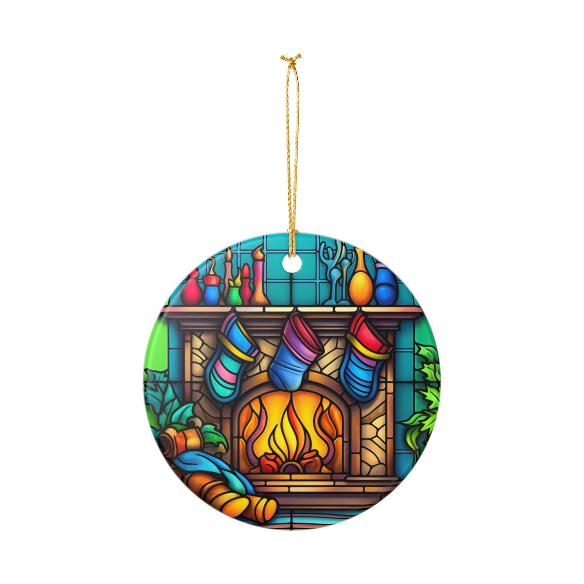 Stained Glass Christmas Fireplace Ceramic Ornament   Item #873986