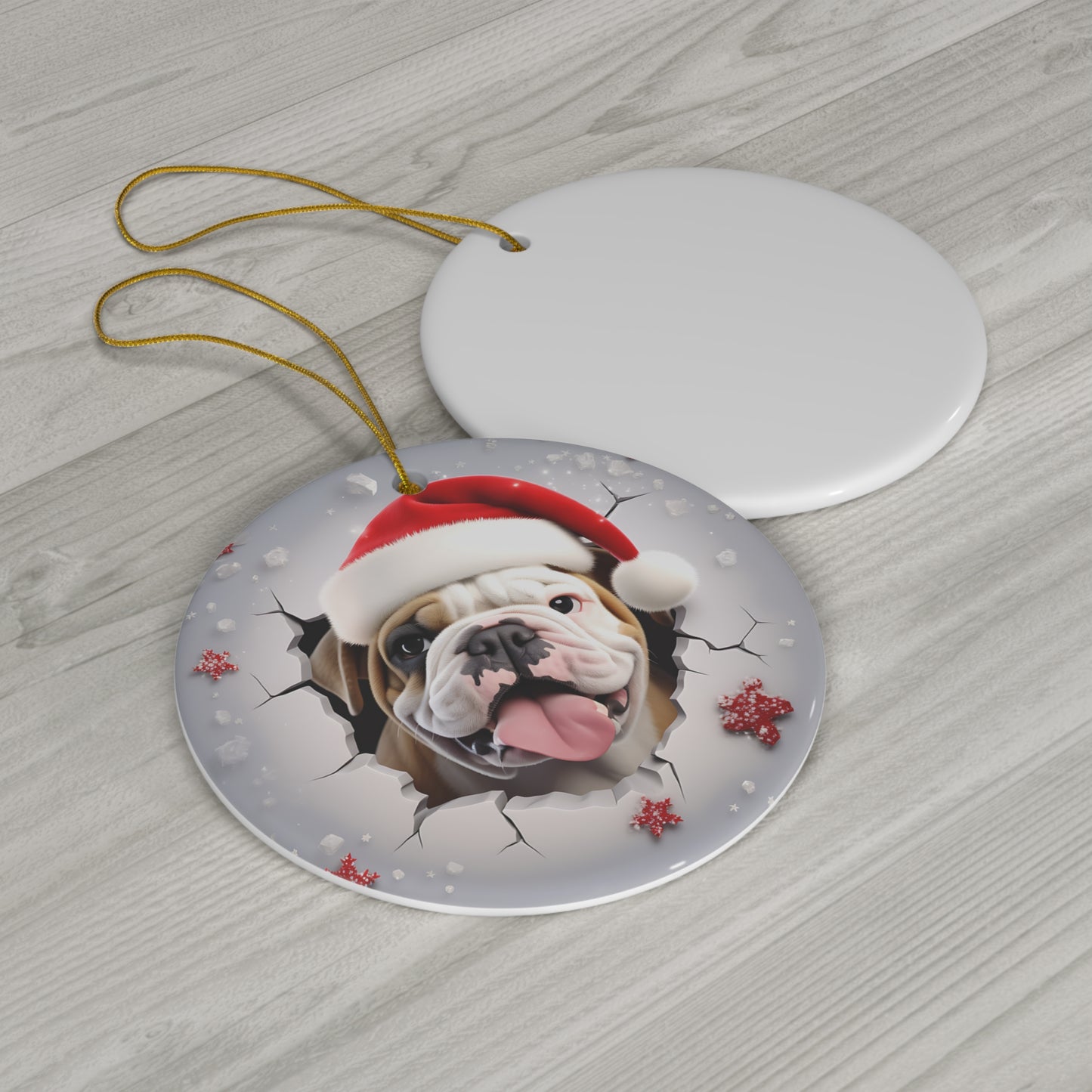 3D Dog With Santa Hat Breaking Out Ceramic Disc Ornament                 Item #6029597