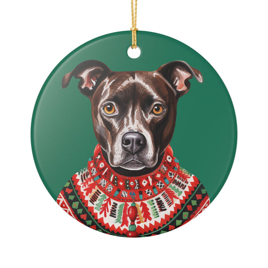 Festive Pit Bull Christmas Sweater Ceramic Ornament   Item #739608