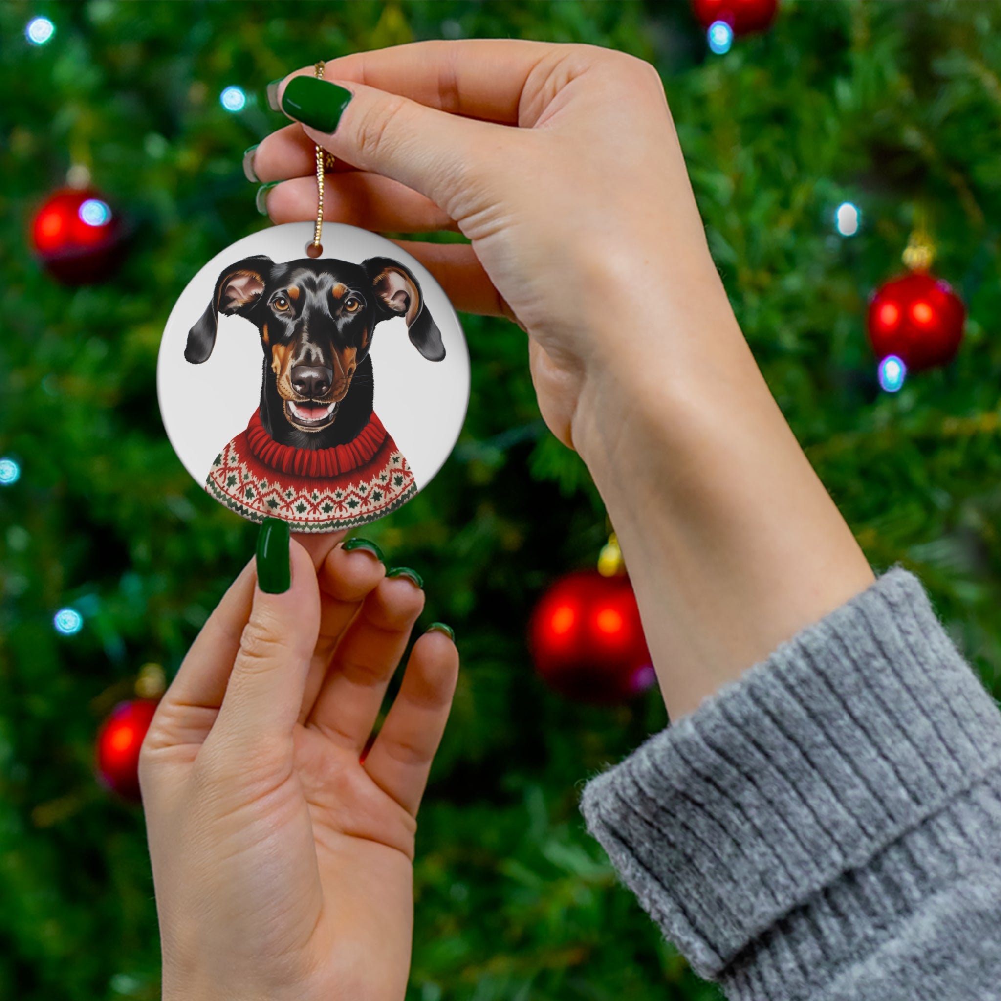 Dog With Christmas Sweater Ceramic Disc Ornament             Item #6804797
