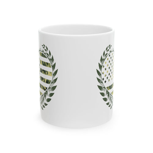Flag Laurel Ceramic Mug — Olive Green American Flag Wreath Coffee Cup (11oz, 15oz)
