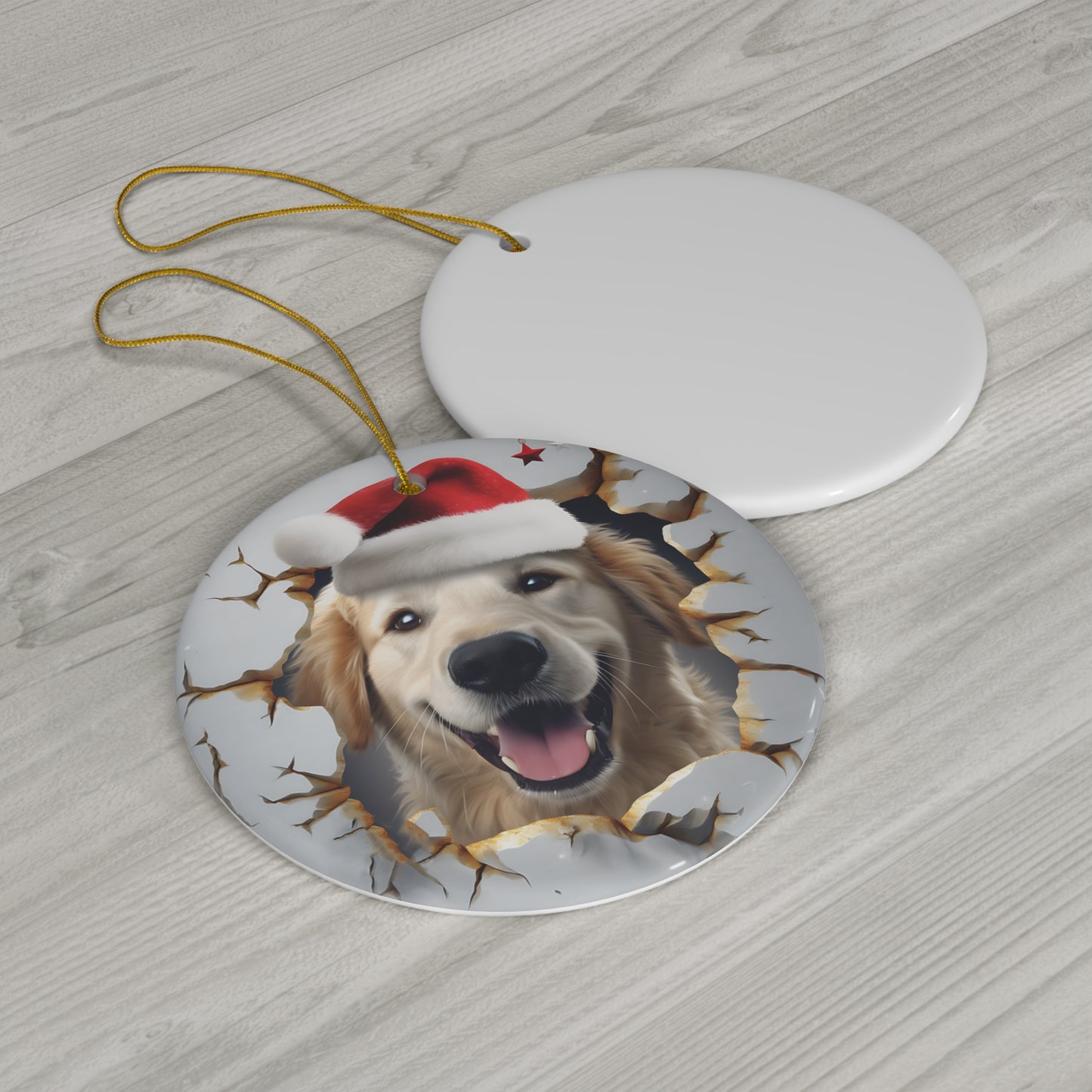 3D Dog With Santa Hat Breaking Out Ceramic Disc Ornament             Item #713244