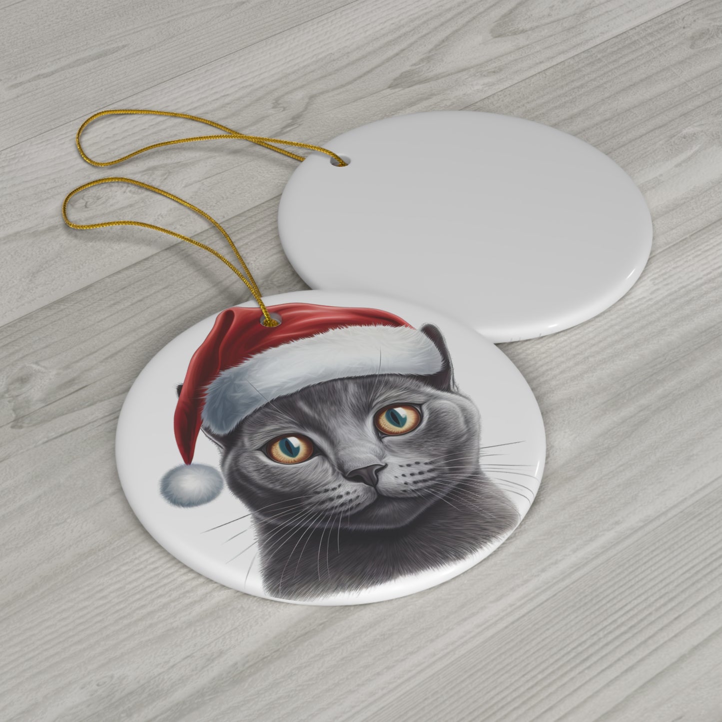 Russian Blue Cat With Santa Hat Ceramic Ornament     Item #7271183