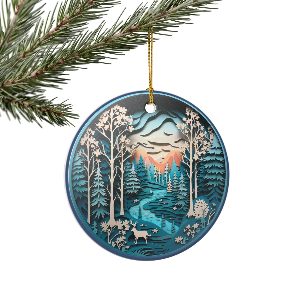 Ceramic Ornament – Mountain Forest River Wildlife Nature Decor   Item #80063