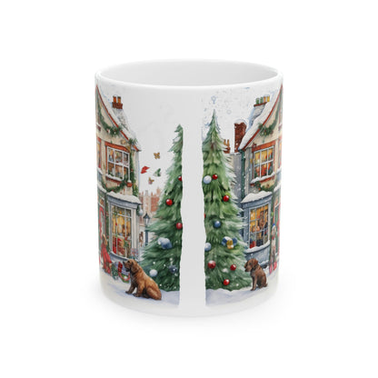 Christmas Village With Dogs Ceramic Mug with Decorated Trees and Cozy Winter Scene 11oz   Item #712165