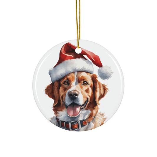 Brittany Dog With Santa Hat Ceramic Disc Ornament        Item #9364665