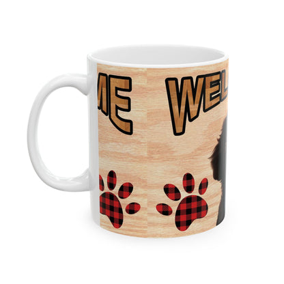 Welcome Puppy Ceramic Mug — Cute Black Dog with Buffalo Plaid Paws 11oz    Item #209191