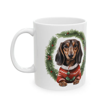 Dachshund Christmas Mug – Festive Wreath & Sweater Holiday Coffee Cup 11oz    Item #182928