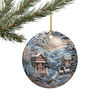 Winter Cabin Deer Ceramic Ornament   Item #391925