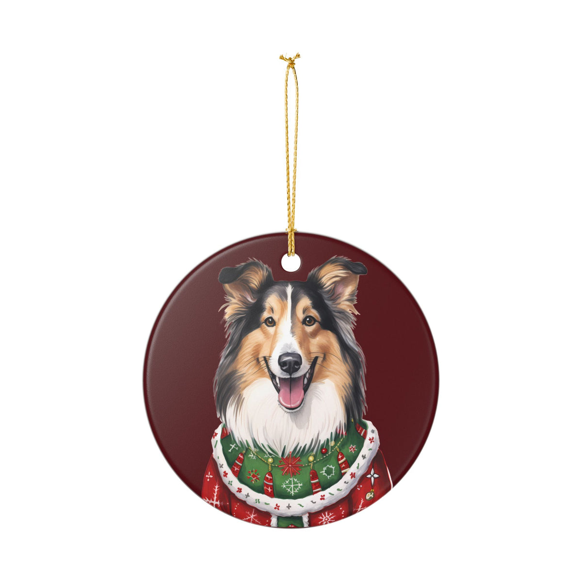 Christmas Collie Dog In Sweater Ceramic Ornament   Item #620825