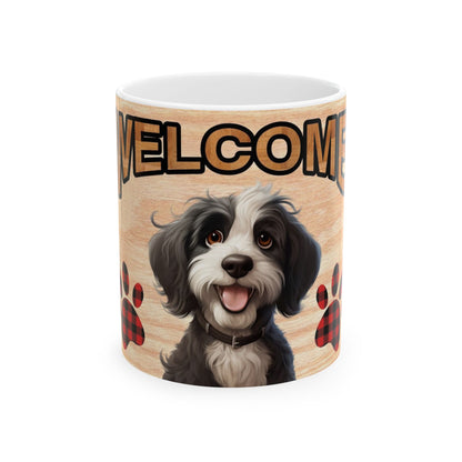 Welcome Dog Illustration Ceramic Mug – Cute Paw Print Coffee Cup 11oz    Item #947111