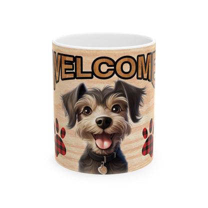 Welcome Dog Illustration Ceramic Mug – Cute Paw Print Coffee Cup 11oz    Item #304878