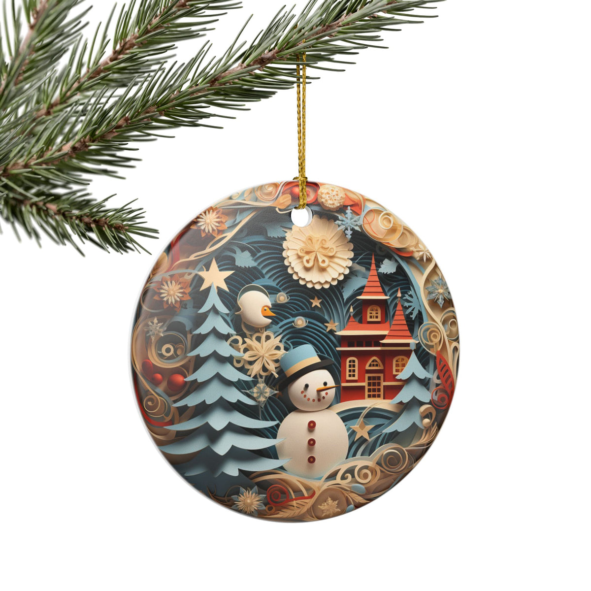 Vintage Winter Snowman Ceramic Ornament    Item #314309