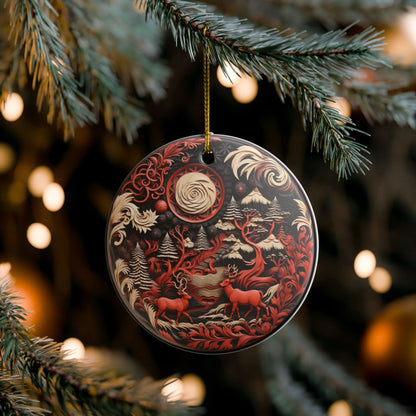 Ceramic Christmas Ornament with Rustic Red Reindeer and Winter Forest Design   Item #934612