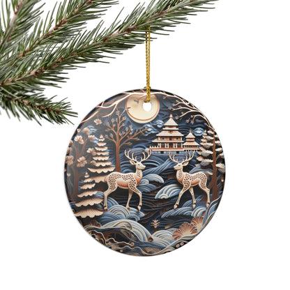 Japanese Pagoda and Deer Ceramic Ornament    Item #615396