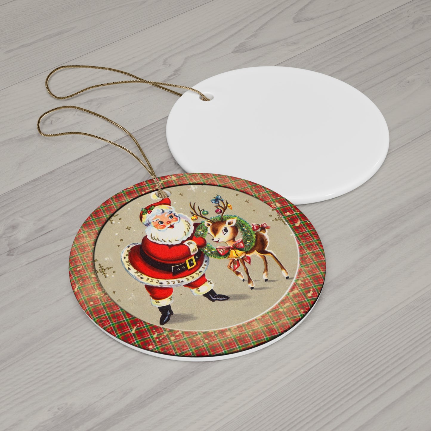 Santa & Reindeer Ceramic Disc Ornament      Item #2424038