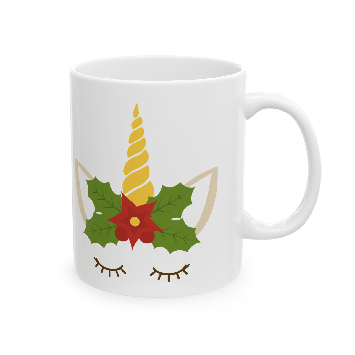 Christmas Unicorn Mug — Cute Holiday Unicorn with Holly Design 11oz    Item #516004