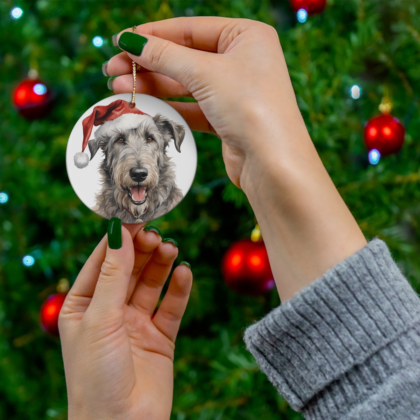 Ceramic Ornament - Irish Wolfhound Dog With Santa Hat      Item #334952