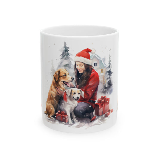Christmas Dog Lover Mug — Woman with Dogs in Santa Hat Holiday Coffee Cup 11oz   Item #380901