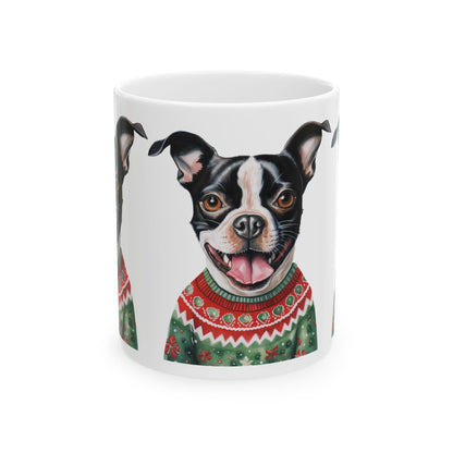 Boston Terrier Christmas Mug – Dog in Festive Sweater Ceramic Coffee Cup 11oz   Item #530089