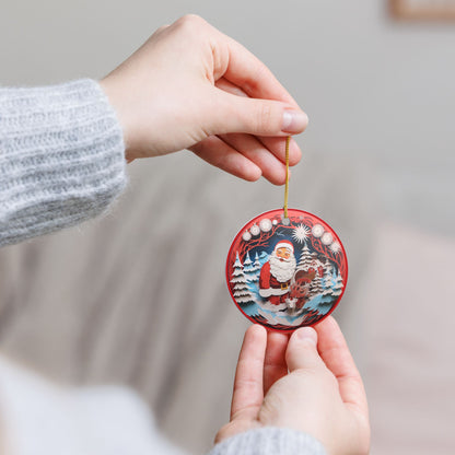 Ceramic Christmas Ornament with Santa, Reindeer & Winter Village   Item #553048