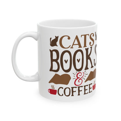 Book Lover Mug — "Cats, Books & Coffee" Ceramic Coffee Tea Cup 11oz  Item #328567