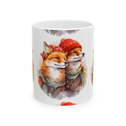 Whimsical Winter Foxes Ceramic Mug — Cute Fox Couple Coffee Cup 11oz   Item #5598