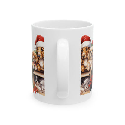 Christmas Puppy Mug – Cute Puppies in Santa Hats Ceramic Coffee Cup 11oz   Item #453285