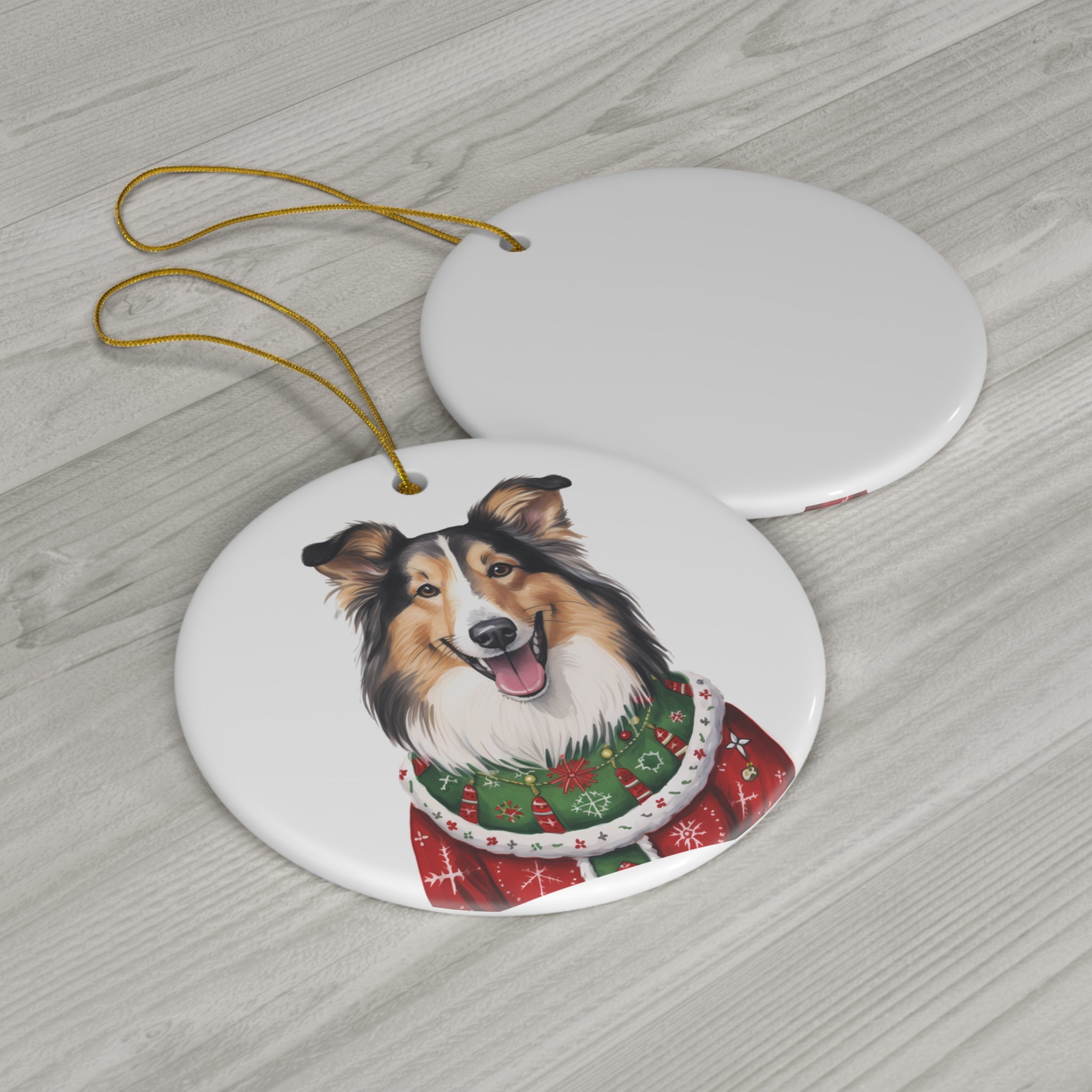 Dog With Christmas Sweater Ceramic Disc Ornament              Item #3053239