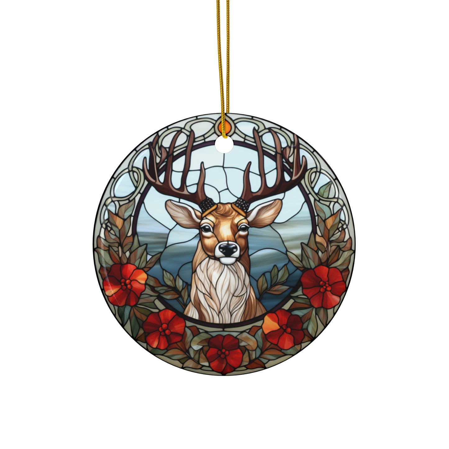 Christmas Deer With Flowers Ceramic Ornament             Item #4924674