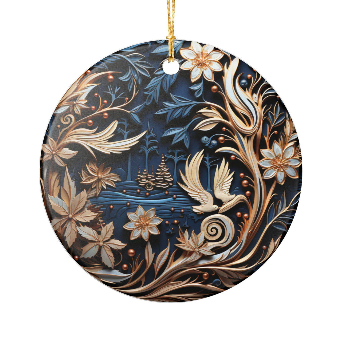 Ceramic Ornament – Elegant Floral Peacock Holiday Tree Decoration   Item #114485
