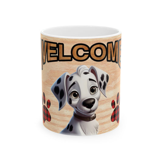Welcome Dog Illustration Ceramic Mug – Cute Paw Print Coffee Cup 11oz    Item #919931
