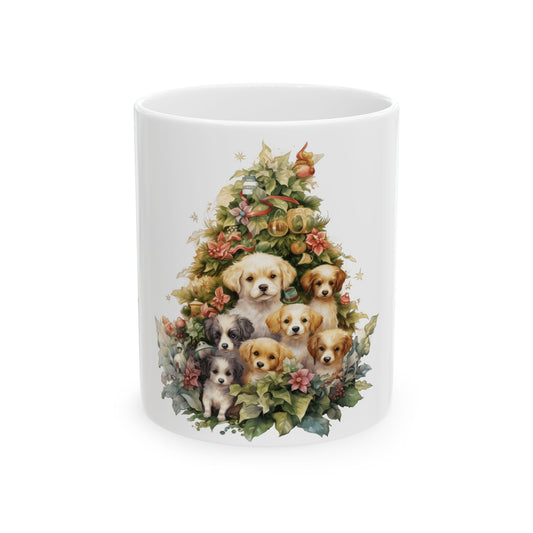 Christmas Puppies Ceramic Mug — Cute Holiday Dog Tree Coffee Cup 11oz   Item #88473
