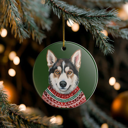 Ceramic Christmas Ornament – Siberian Husky in Festive Sweater   Item #116334