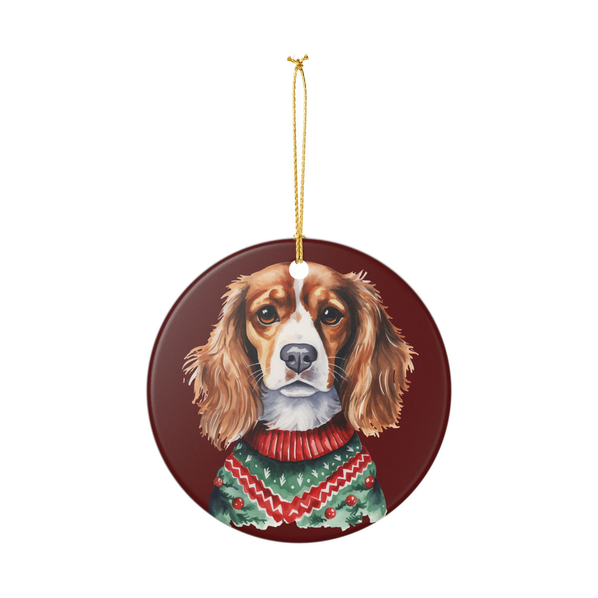 Ceramic Christmas Ornament – Cavalier King Charles Spaniel in Festive Sweater   Item #94782