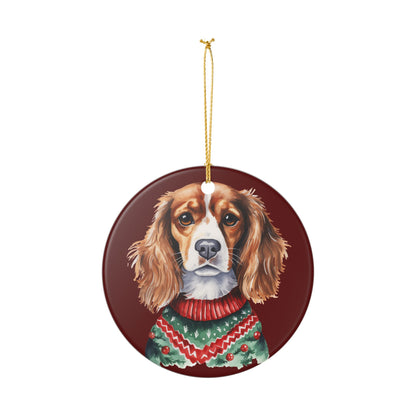 Ceramic Christmas Ornament – Cavalier King Charles Spaniel in Festive Sweater   Item #94782
