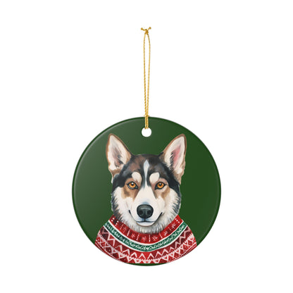 Ceramic Christmas Ornament – Siberian Husky in Festive Sweater   Item #116334