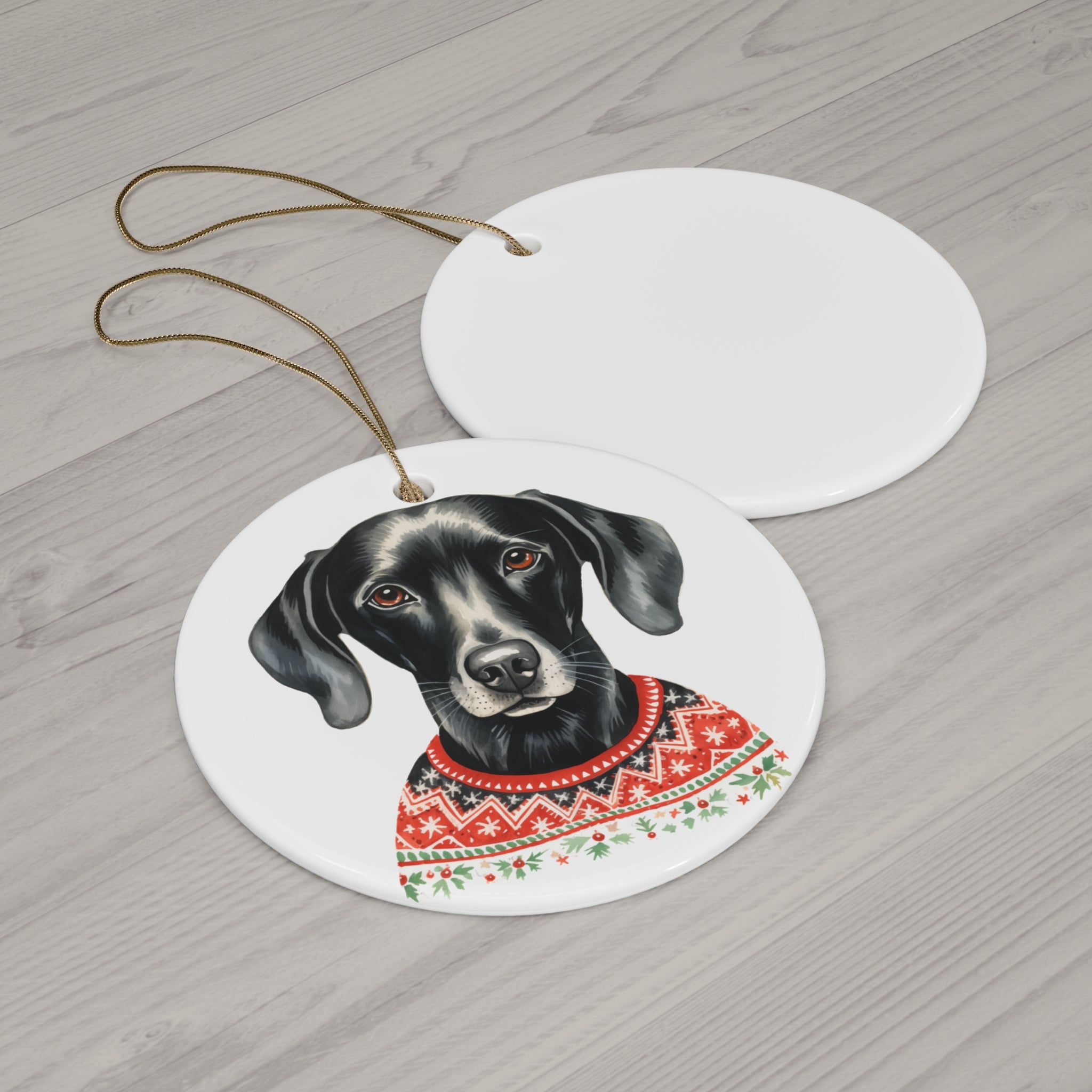 Dog With Christmas Sweater Ceramic Disc Ornament           Item #73659