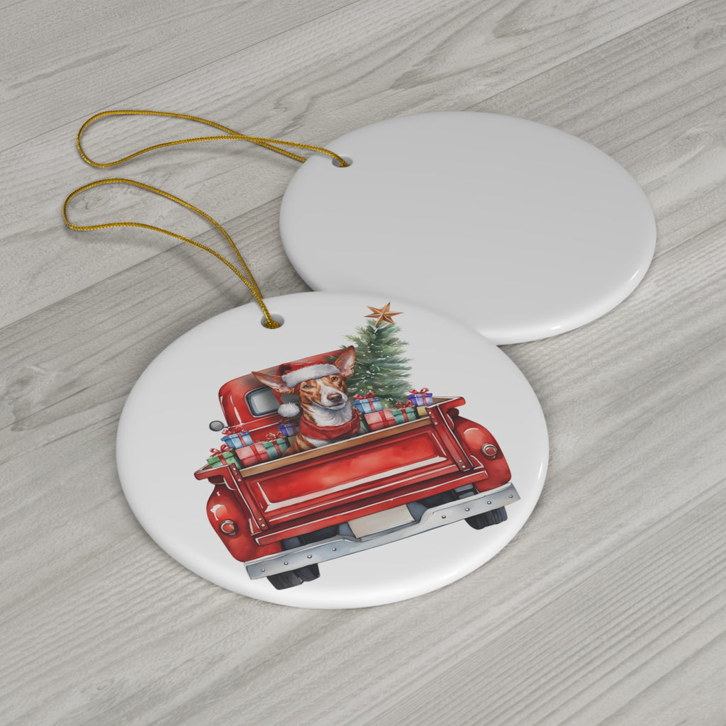 Ceramic Ornament - Ibizan Hound Christmas Dog In Red Truck       Item #8636916 - Buckshot's Bargain Barn