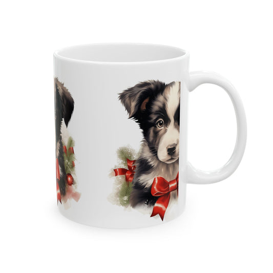 Holiday Puppy Ceramic Mug — Cute Border Collie with Red Bow 11oz  Item #598418