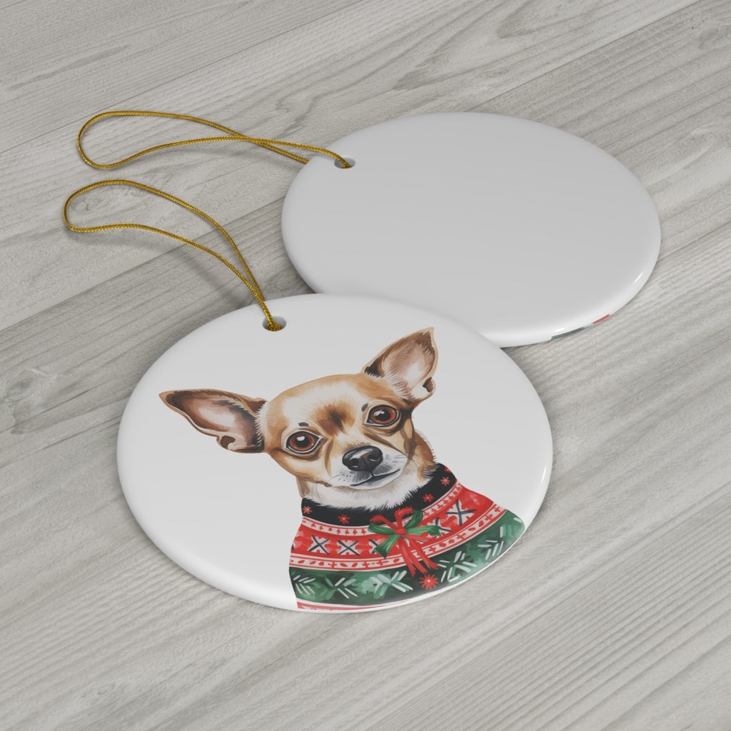 Dog With Christmas Sweater Ceramic Disc Ornament          Item #2163837