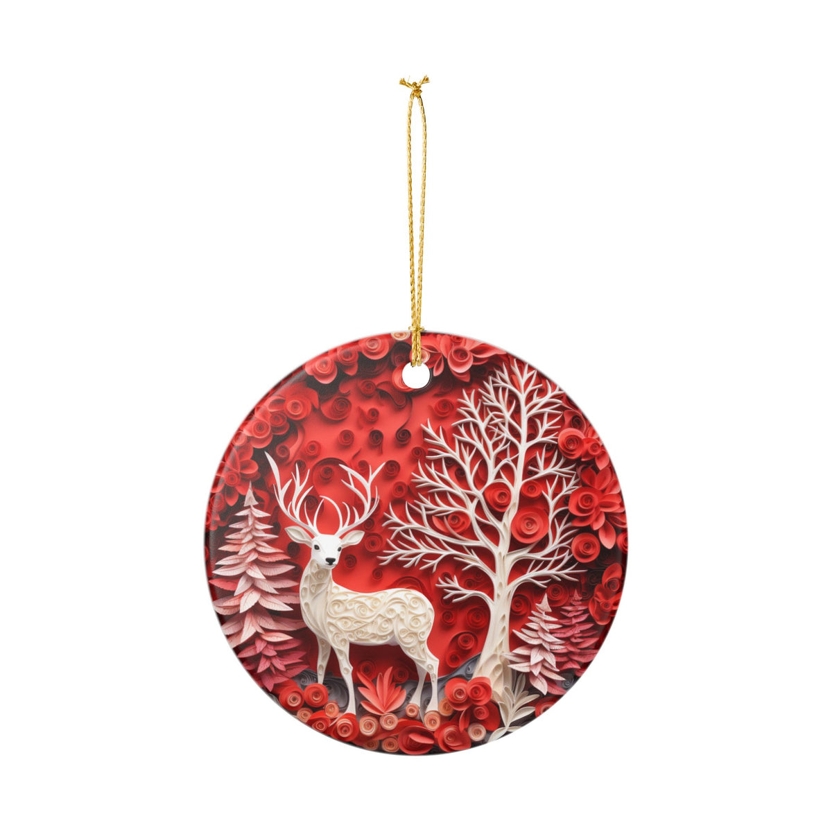 Ceramic Ornament – Red Winter Woodland Deer Christmas Tree Decoration   Item #901369