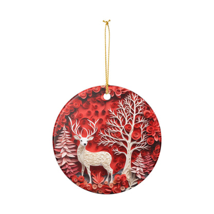 Ceramic Ornament – Red Winter Woodland Deer Christmas Tree Decoration   Item #901369