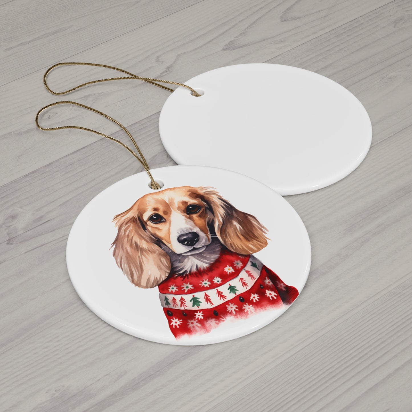 Dog With Christmas Sweater Ceramic Disc Ornament            Item #1046946